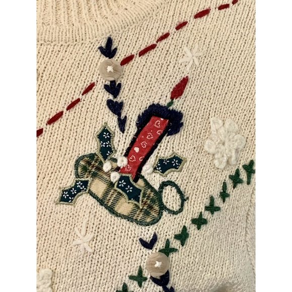 Vintage Christmas sweater pullover cream plaid Victoria Jones size M snowman - Picture 5 of 9